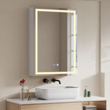 Single-door bathroom mirror cabinet with LED lighted frame and mirrored door, touch icons
