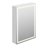 White single-door mirrored bathroom cabinet with LED border and touch control icons