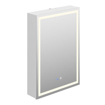 White single-door mirrored bathroom cabinet with LED border and touch control icons