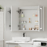 Bathroom mirror cabinet with doors open, interior shelves and lighting visible