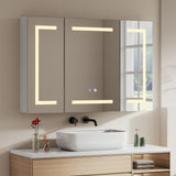 Double-door LED bathroom mirror cabinet with warm light border and touch controls