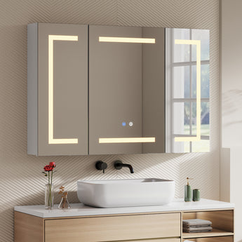 Double-door LED bathroom mirror cabinet with warm light border and touch controls