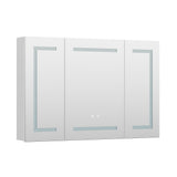 Triple-door LED bathroom mirror cabinet with cool glass panels and touch icons