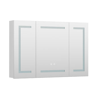 Triple-door LED bathroom mirror cabinet with cool glass panels and touch icons