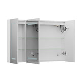 Triple-door bathroom mirror cabinet open, showing interior shelves and fixtures