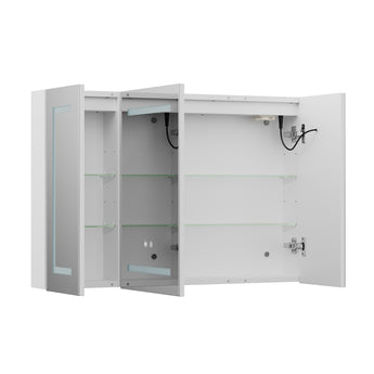 Triple-door bathroom mirror cabinet open, showing interior shelves and fixtures