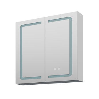 Double-door bathroom mirror cabinet with framed mirrors and two touch-control buttons