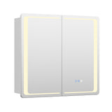 Double-door LED bathroom mirror cabinet, doors closed with glowing light border