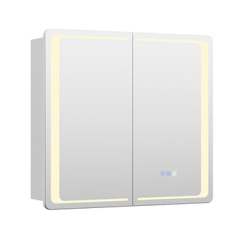 Double-door LED bathroom mirror cabinet, doors closed with glowing light border
