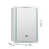 Rectangular LED bathroom mirror cabinet with anti-fog glass; white frame and size markings
