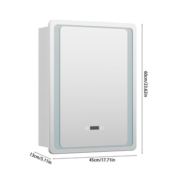 Rectangular LED bathroom mirror cabinet with anti-fog glass; white frame and size markings