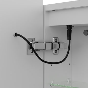 LED bathroom mirror cabinet mounting with power socket and connected wiring, side detail