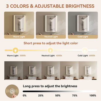 LED bathroom mirror cabinet with anti-fog light; warm/neutral/cold modes shown