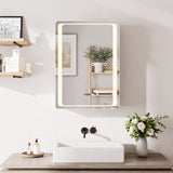 LED bathroom mirror cabinet with illuminated frame and interior shelf, front view