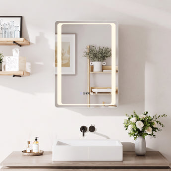 LED bathroom mirror cabinet with illuminated frame and interior shelf, front view
