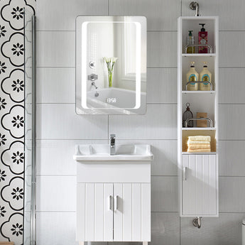 LED rectangle mirror cabinet with mirrored door and integrated 13:58 digital clock
