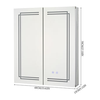 LED mirror cabinet dimensions view: 60cm wide, 70cm high, 13cm deep.