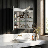 Open wall mirror cabinet revealing interior shelves with bottles and organizers.