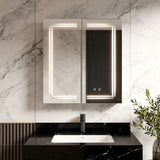 LED bathroom mirror cabinet with illuminated frame, mirrored door and touch buttons.