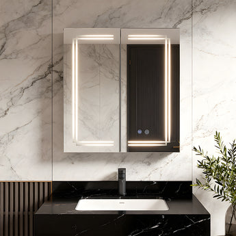 LED bathroom mirror cabinet with illuminated frame, mirrored door and touch buttons.