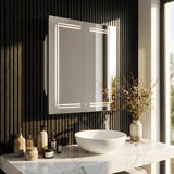 Wall-mounted bathroom mirror cabinet with LED-lit double doors, white frame.