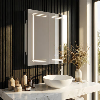 Wall-mounted bathroom mirror cabinet with LED-lit double doors, white frame.