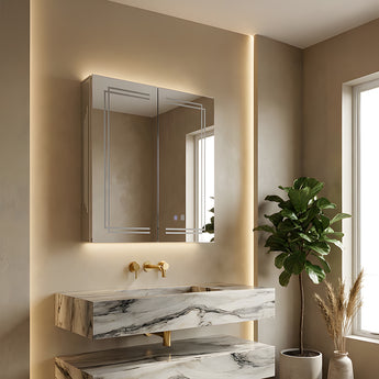 Bathroom mirror cabinet with LED lighting and mirrored double doors, wall-mounted.