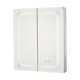 LED-lit bathroom mirror cabinet with mirrored double doors and slim metal side frame.