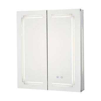LED-lit bathroom mirror cabinet with mirrored double doors and slim metal side frame.