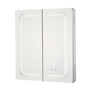 LED-lit bathroom mirror cabinet with mirrored double doors and slim metal side frame.