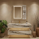 Wall-mounted bathroom mirror cabinet with lit LED frame and open storage compartments