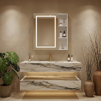 Wall-mounted bathroom mirror cabinet with lit LED frame and open storage compartments