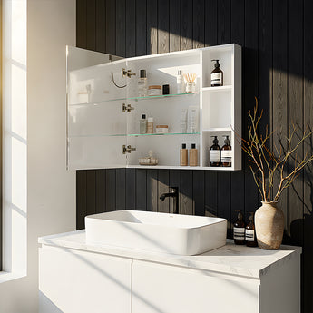White wall-mounted mirror cabinet with open door and bathroom shelves inside