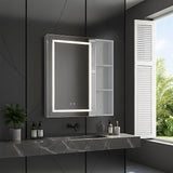 Wall-mounted bathroom mirror cabinet with open door, shelves, and illuminated mirror frame