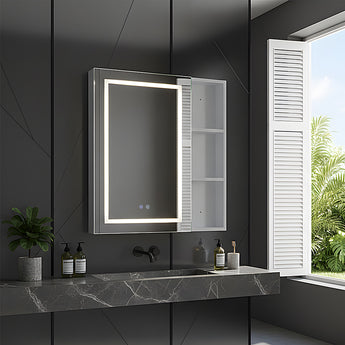 Wall-mounted bathroom mirror cabinet with open door, shelves, and illuminated mirror frame