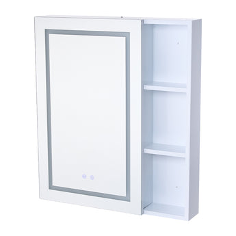 White wall-mounted bathroom mirror cabinet with open door showing interior shelves