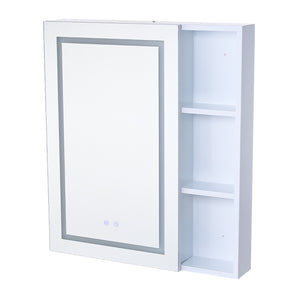 White wall-mounted bathroom mirror cabinet with open door showing interior shelves