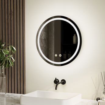 Round LED bathroom mirror with bright perimeter light and control icons