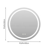 Round LED bathroom mirror size diagram, 19.69 in diameter with light ring