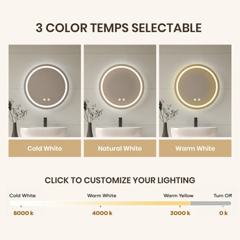 Round LED bathroom mirror with glowing ring light (cold, natural, warm white)