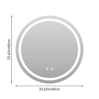 Round LED bathroom mirror size diagram, 23.62 in diameter with light ring