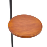 Round wood tray on the arc floor lamp, warm tan finish
