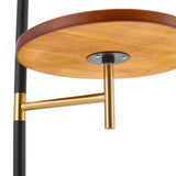 Close-up of wood tray mount and metal support arms on arc floor lamp