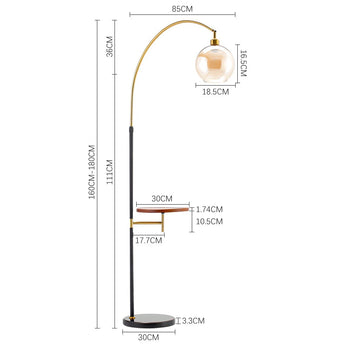 Floor lamp size diagram with height and wood tray measurements