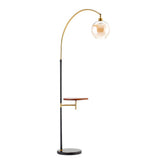 Arc floor lamp with round glass globe shade and wood tray shelf, black pole, gold frame