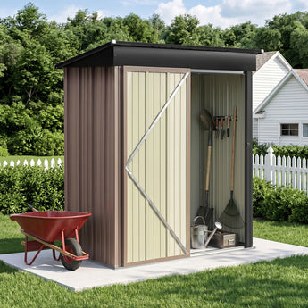 Brown metal garden storage shed with cream door panels and diagonal brace, pent roof.