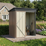 Pent roof metal storage shed with brown walls and cream front door panels, lockable.