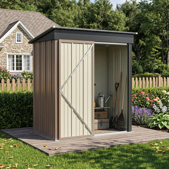 Pent roof metal storage shed with brown walls and cream front door panels, lockable.