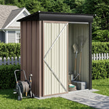 Brown and gray metal storage shed with cream front door panels and pent roof.