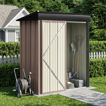 Brown and gray metal storage shed with cream front door panels and pent roof.